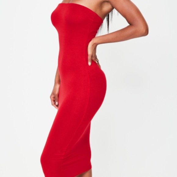 red bandeau midi dress